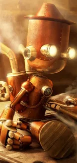 Steampunk robot artwork with copper tones on mobile wallpaper.