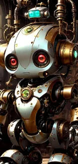 Steampunk robot with bronze and metallic details in a workshop setting.