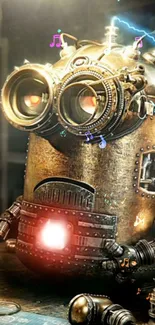 Steampunk robot with glowing eyes and musical notes in brass tones.