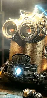 Steampunk robot with gears and glowing eyes in a metallic finish.