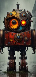 Steampunk robot in a rainy urban setting, full view.