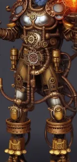 Steampunk robot with gears and copper tones, mobile wallpaper design.