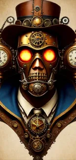 Steampunk robot with glowing eyes and gears in vibrant colors.