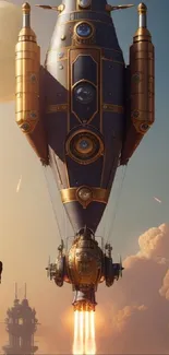 Steampunk spaceship launching under a moonlit sky, creating an epic scene.