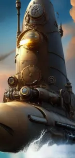 Steampunk rocket in vivid blue sky.