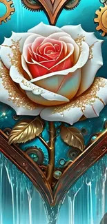Steampunk rose with gears and turquoise background.
