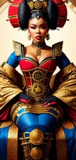 Steampunk princess in royal attire with vibrant colors and mechanical elements.