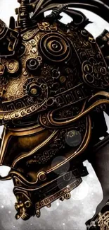 Intricate steampunk samurai helmet in bronze tones for mobile wallpaper.