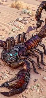 Steampunk scorpion in a desert setting with intricate metallic details.