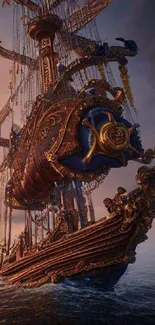 Steampunk ship sailing in sunset, intricate details.