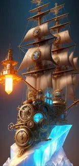 Steampunk ship sailing on icy blue waters with glowing lights.