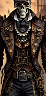 Steampunk skeleton in elegant brown attire with clockwork details.