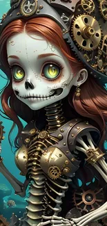 Steampunk skeleton with gears in underwater scene.