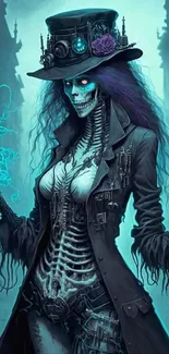 Steampunk skeleton art with teal blue tones and electrifying elements.