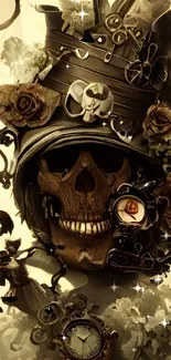 Steampunk skull design with floral accents in sepia tones.