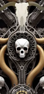 Intricate steampunk skull and mechanical gear wallpaper for mobile phone.