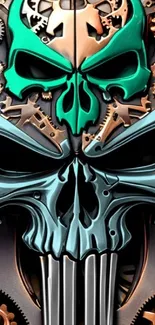 Steampunk skull with gears and metallic tones for mobile wallpaper.