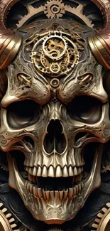 Steampunk skull with intricate gears and metallic details in a dark theme.