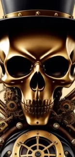 Steampunk skull design with gears and a top hat in golden hues.