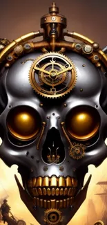 Steampunk skull with intricate gears and bronze tones in a dark, vintage style.