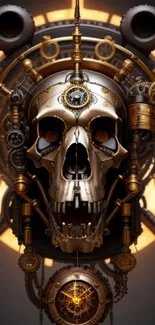 Steampunk skull with gears and golden glow, perfect for phone wallpaper.