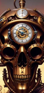 Steampunk skull with gears and clocks in a futuristic setting.