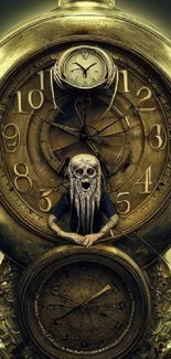 Steampunk clock with skull in brass tones, intricate design.