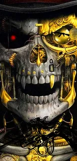 Steampunk skull with golden gears and dark background wallpaper.