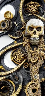 Steampunk skull art with gears and gold accents on a mobile wallpaper background.