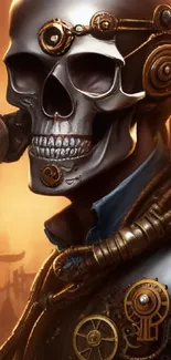 Steampunk skull with gears in copper tones for phone wallpaper.