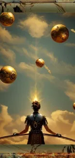 Futuristic warrior with golden orbs and clouds background.