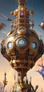 Steampunk airship in sky, fantasy-themed mobile wallpaper.