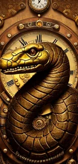 Golden snake wrapped around a vintage clock in steampunk style.