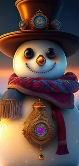 Steampunk snowman with scarf and hat, perfect for winter mobile wallpaper.