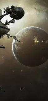 Steampunk spaceship and planet in outer space mobile wallpaper.