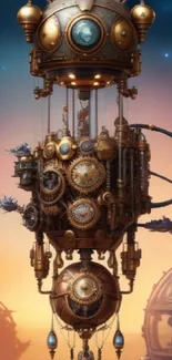 Intricate steampunk spaceship set against a vibrant celestial background.