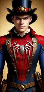 Steampunk spider hero in costume, vibrant artwork for mobile wallpaper.