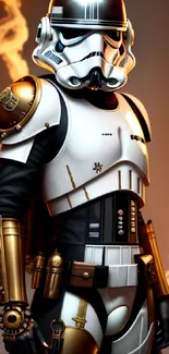 Steampunk Stormtrooper with golden gears and sci-fi elements in detailed armor design.