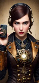 Steampunk woman holding a phone in vintage gear.