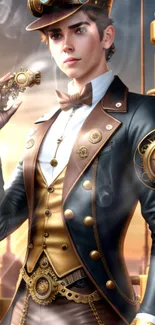 Steampunk-themed mobile wallpaper featuring a stylish figure with intricate gadgets.