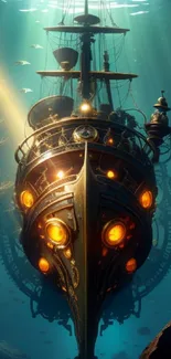 Steampunk submarine in ocean with golden lights and deep blue hues.