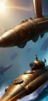 Steampunk submarines soar in bronze hues under the sun.