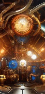 Steampunk submarine interior with gears and warm lighting.