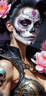 Steampunk sugar skull with pink flowers and leather attire