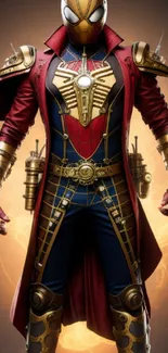 Steampunk superhero with red and gold attire and dynamic background.