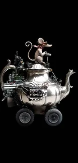 Steampunk teapot vehicle with a mouse on black background.