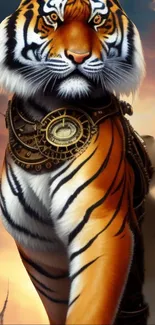 Majestic steampunk tiger with clockwork details against a vivid sky background.