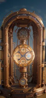 Steampunk clock encased in glass with gears and a scenic backdrop.