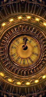 Intricate steampunk time machine dial with golden brass details.