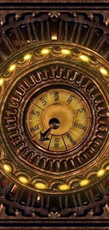 Steampunk clock with gears and time travel theme in brass tones.